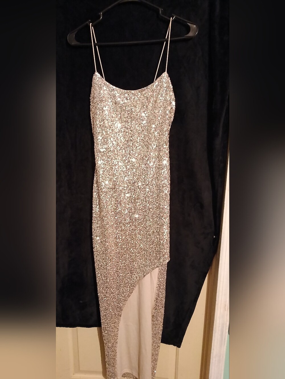 Thirty Thirty LA Sequin Asymmetrical Evening Dress - Silver Slit Cut Small